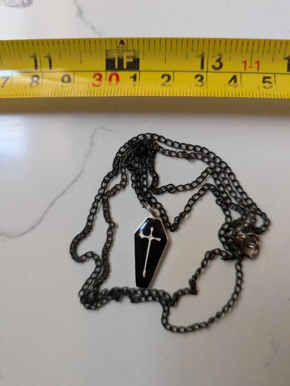 Vintage Halloween Enamel Black Gothic Coffin with a White Cross Pendant Necklace
